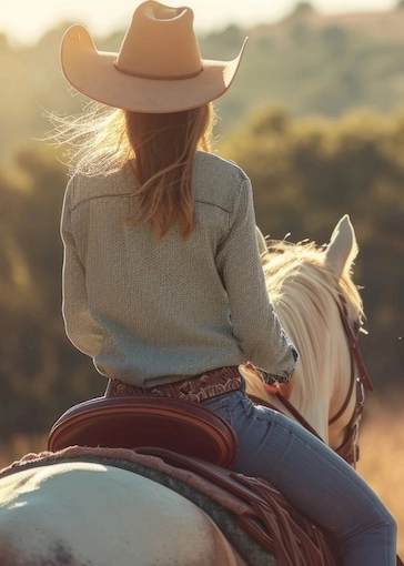 woman riding a horse away from the camera